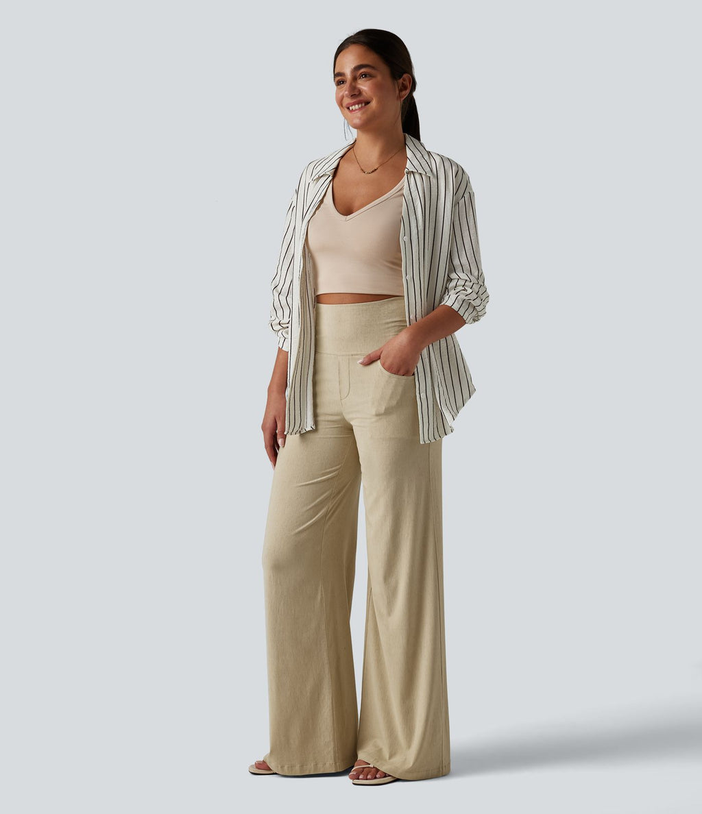 Pantalon large casual en lin stretch taille haute ventre plat avec poches