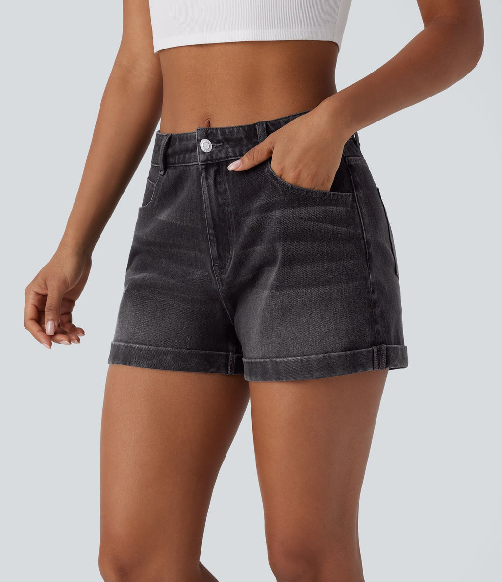 Short 7,5 cm décontracté en jean extensible Halara Flex™ taille moyenne avec boutons, zip et multiples poches