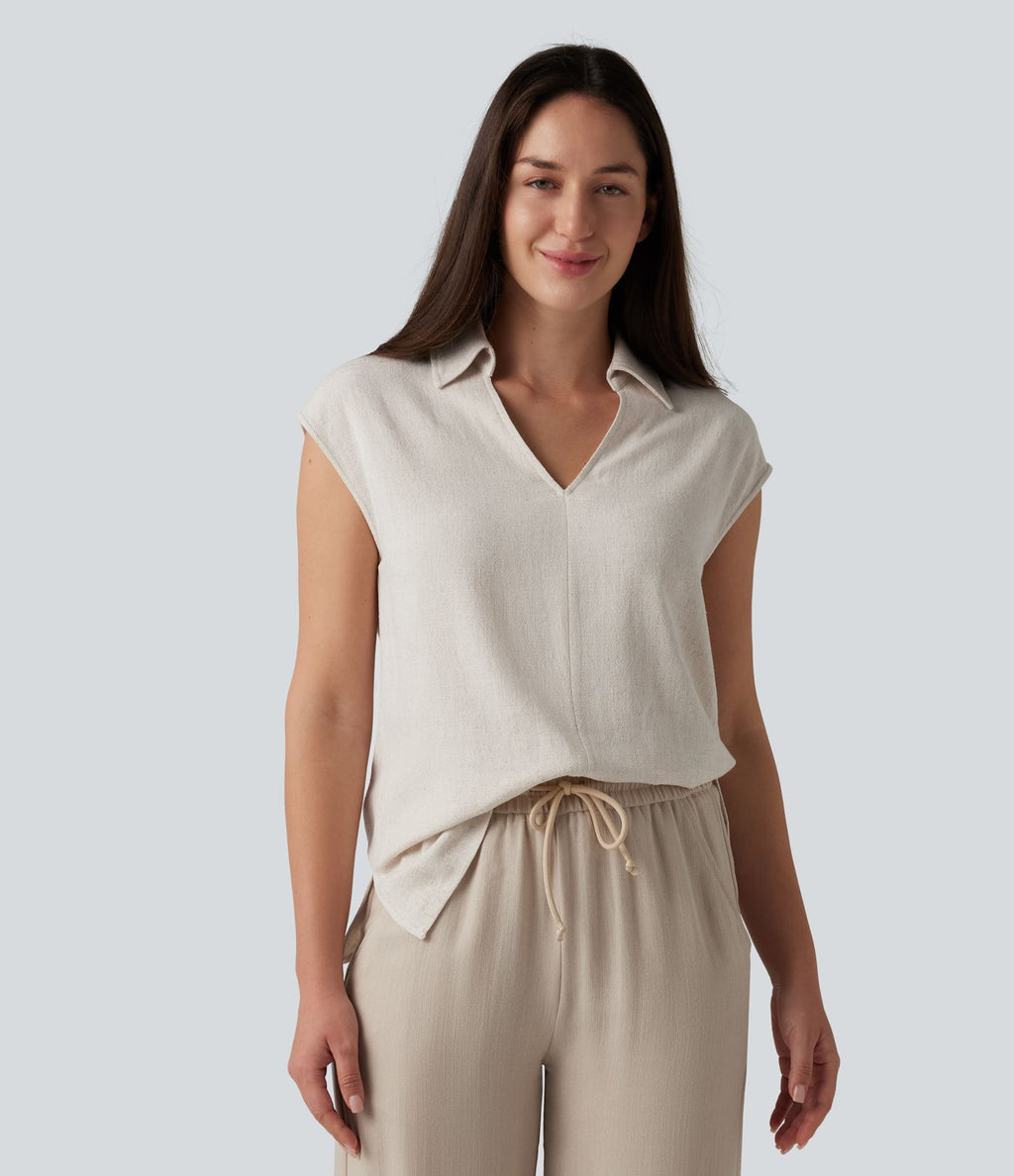 Chemisier tailleur en mélange de lin col V sans manches avec ourlet fendu