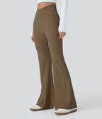 Pantalon Taille Haute Casual Évasés en Tricot Côtelé avec Poches Latérales et Croisé