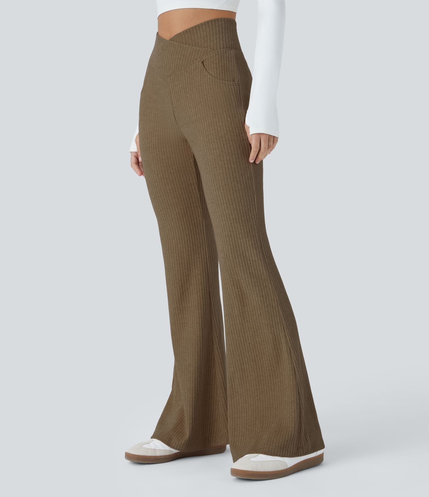Pantalon Taille Haute Casual Évasés en Tricot Côtelé avec Poches Latérales et Croisé