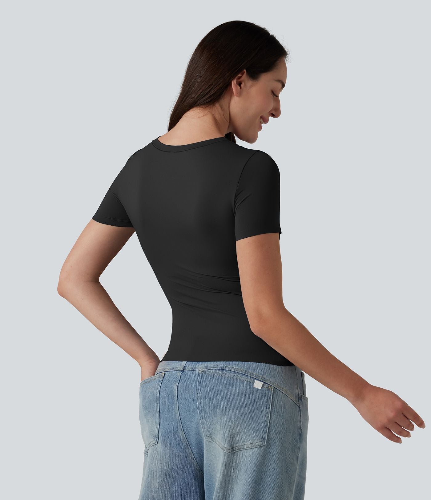 T-shirt décontracté col rond échancré à manches courtes avec soutien-gorge intégré bonnets B-DD