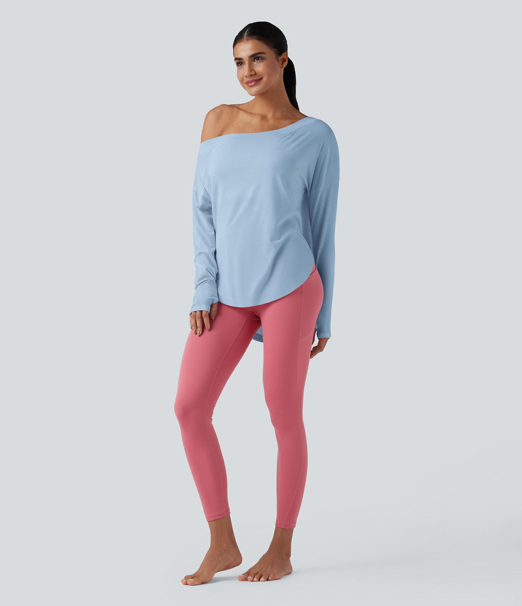Top de sport yoga une épaule séchage rapide ourlet arrondi asymétrique manches longues avec trous pouces - Brassière intégrée