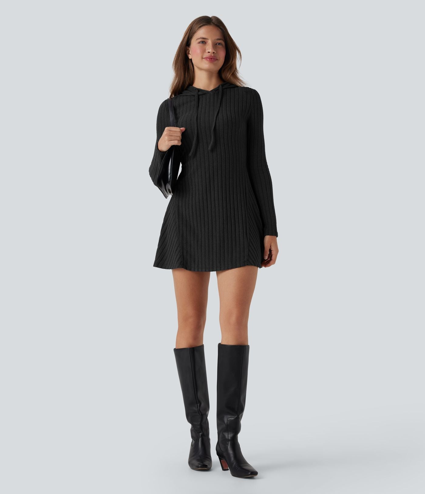 Robe décontractée mini à capuche maille côtelée manches longues avec cordon de serrage