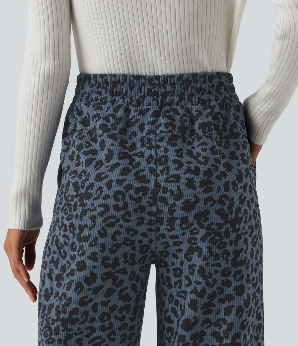 Pantalon léopard velours côtelé imprimé coupe droite mop taille haute avec poches