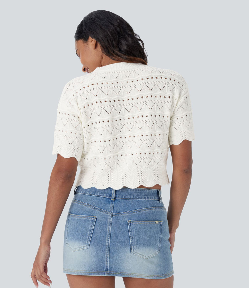 Pull décontracté en maille ajourée à col rond, manches courtes et bordure festonnée