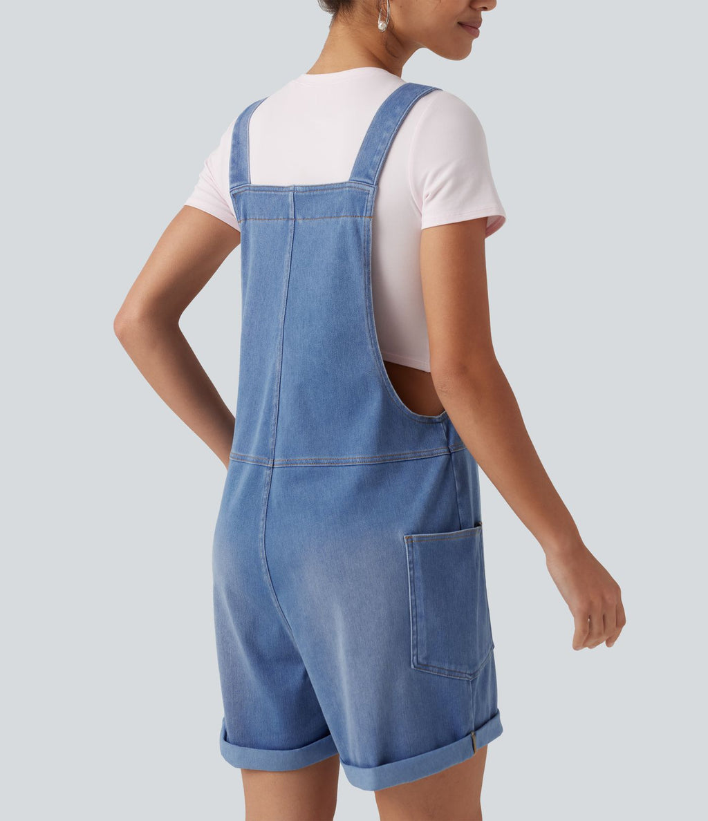 Salopette en jean Halara Flex™ col V délavée décontractée à ourlet roulotté avec poches