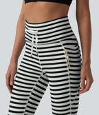 Legging yoga 7/8 taille haute à rayures et cordon de serrage avec poches