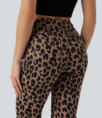 Pantalon flare taille haute en tissu gaufré imprimé léopard avec poches