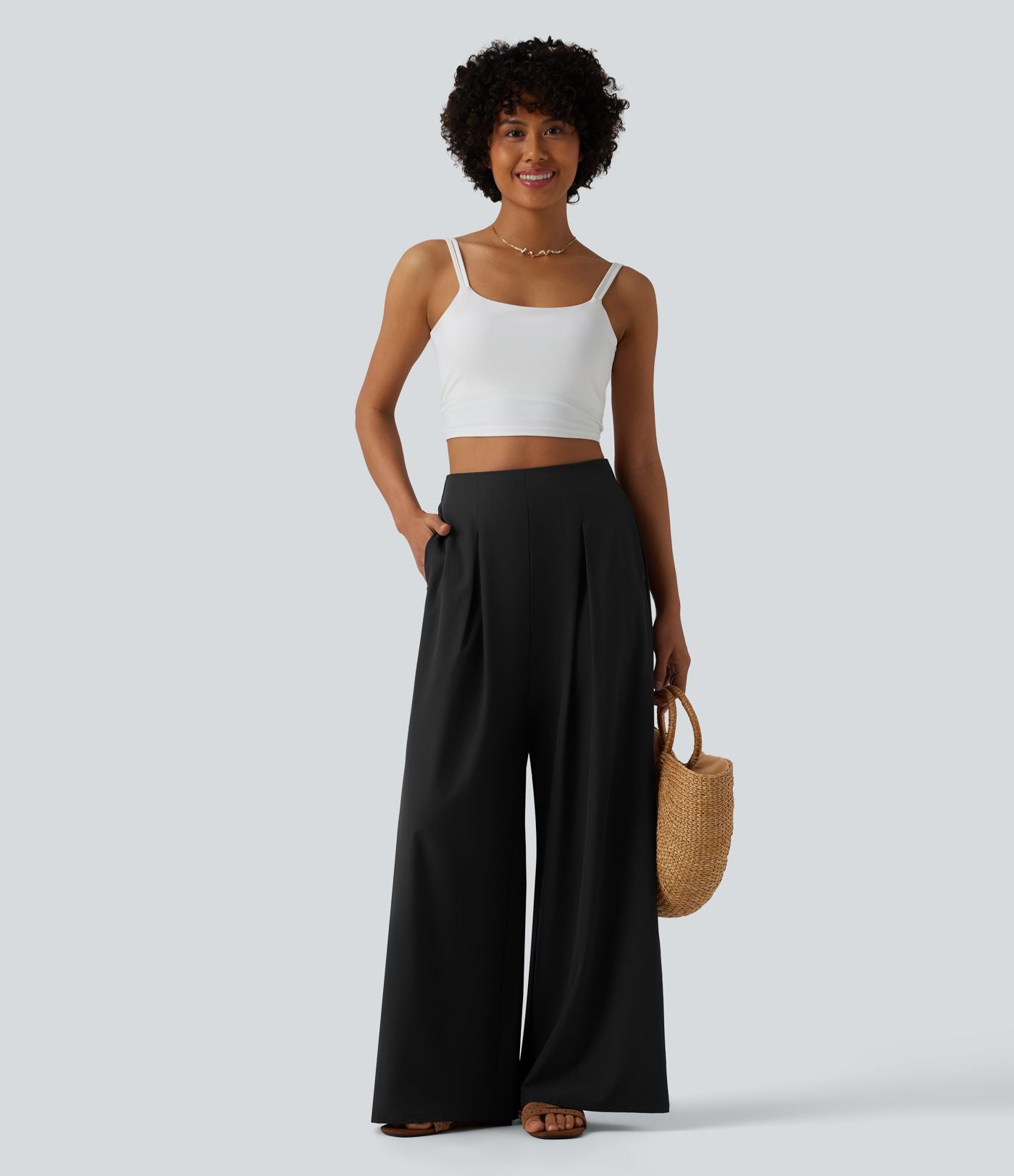 Pantalon large fluide resort plissé taille haute séchage rapide Breezeful™ avec poches