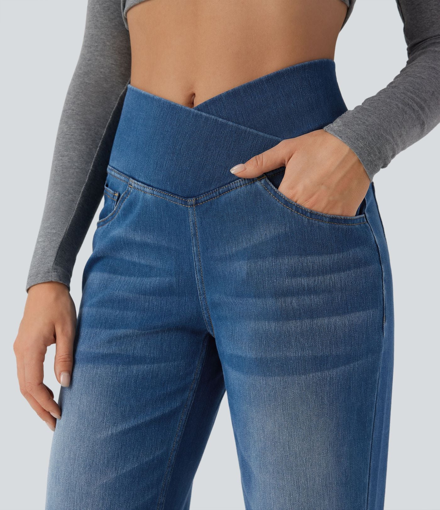 Jean droit décontracté croisé gainant taille haute avec poches Halara Flex™