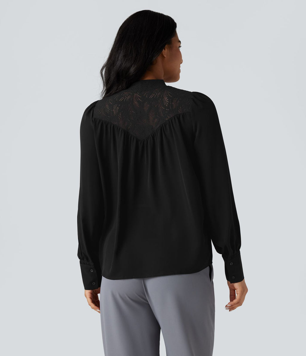 Chemise tailleur col montant dentelle contrastante manches longues