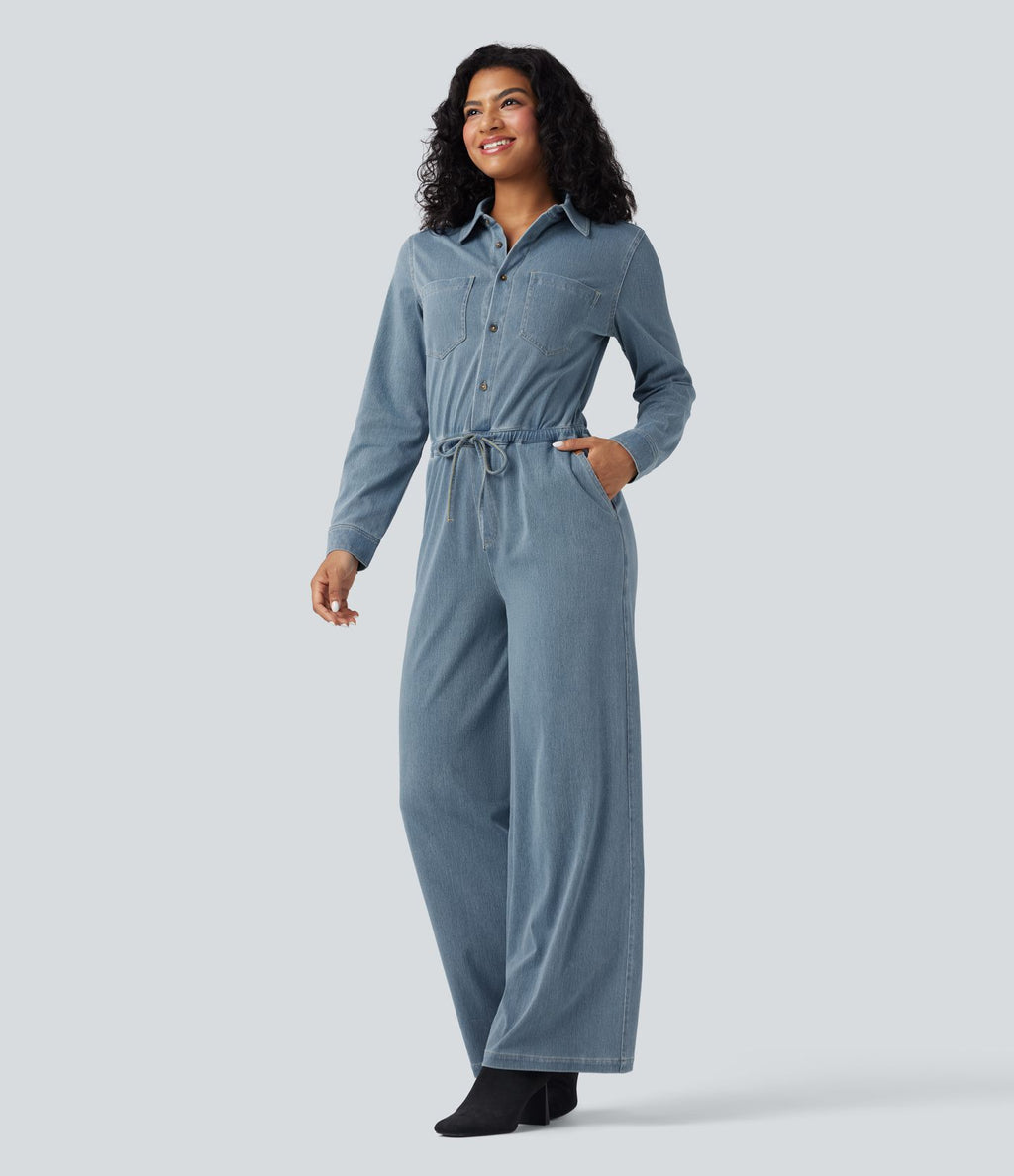 Combinaison denim délavé Halara Flex™ jambes larges manches longues avec cordon de serrage et poches - Édition Easy Peasy