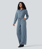 Combinaison denim délavé Halara Flex™ jambes larges manches longues avec cordon de serrage et poches - Édition Easy Peasy