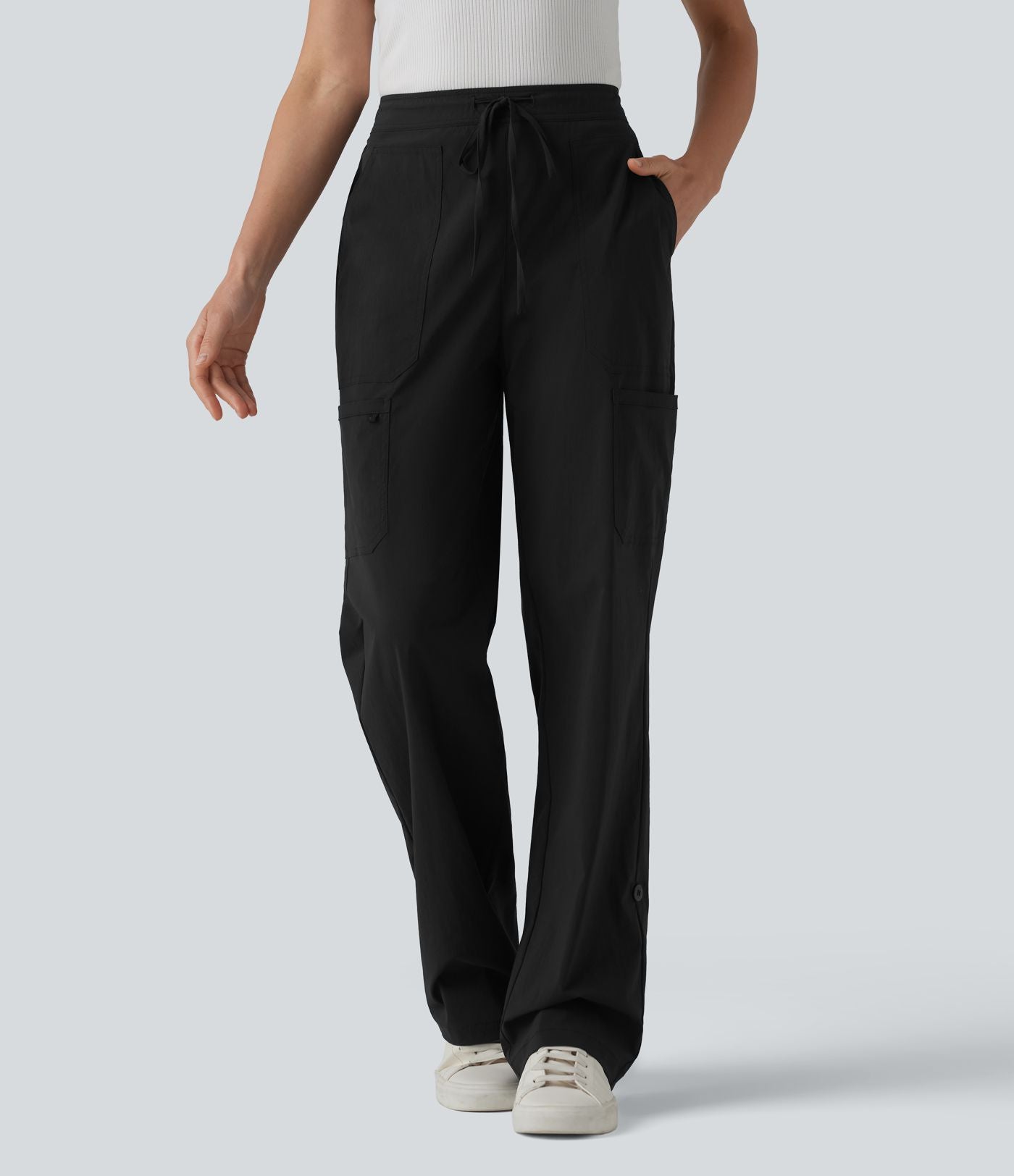 Pantalon cargo droit taille mi-haute avec cordon de serrage, longueur ajustable et poches