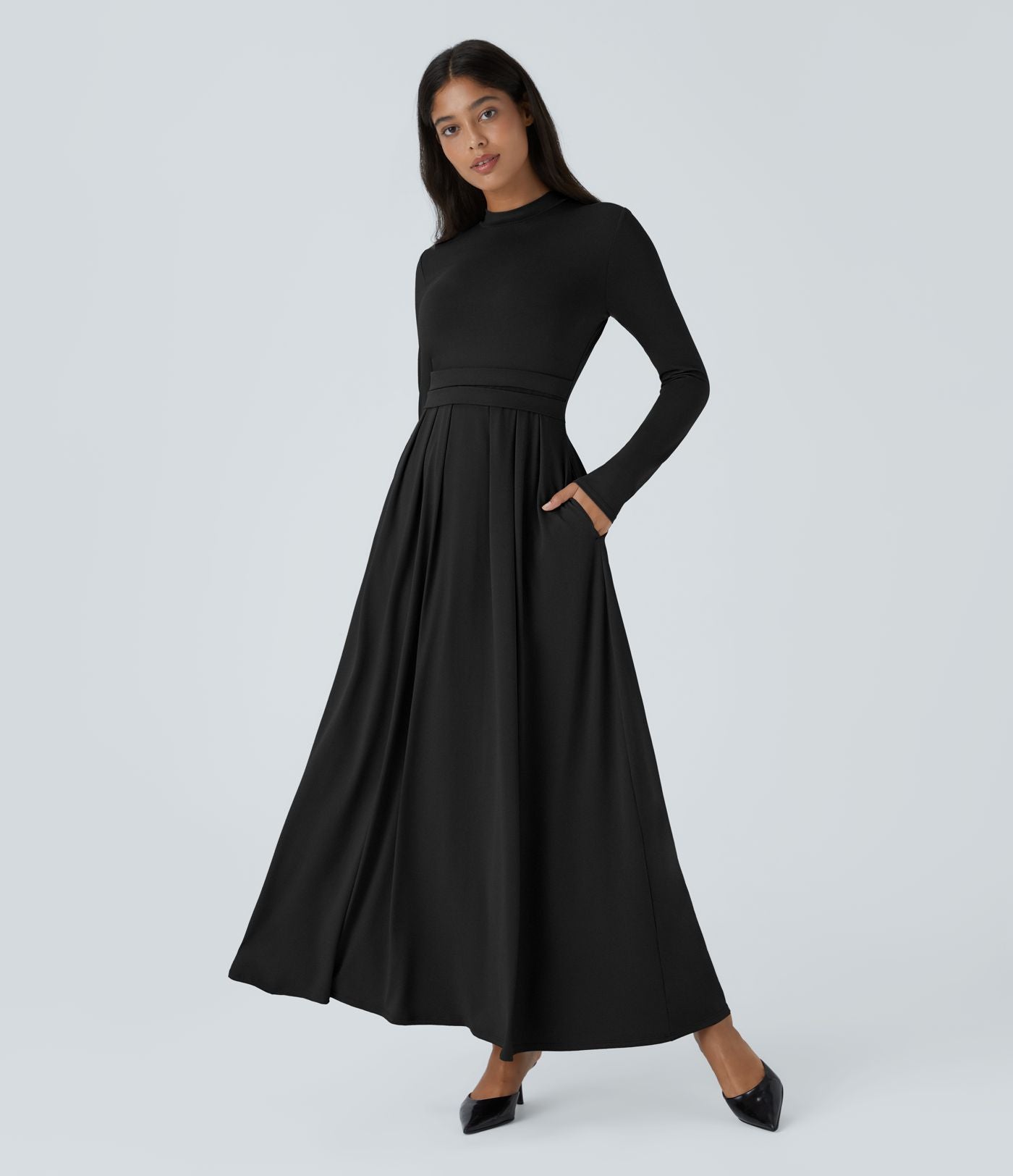 Robe longue décontractée à col montant, manches longues, plissée, avec poches latérales et coupe évasée