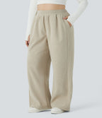 Pantalon décontracté grande taille en velours côtelé coupe droite taille haute avec poches latérales