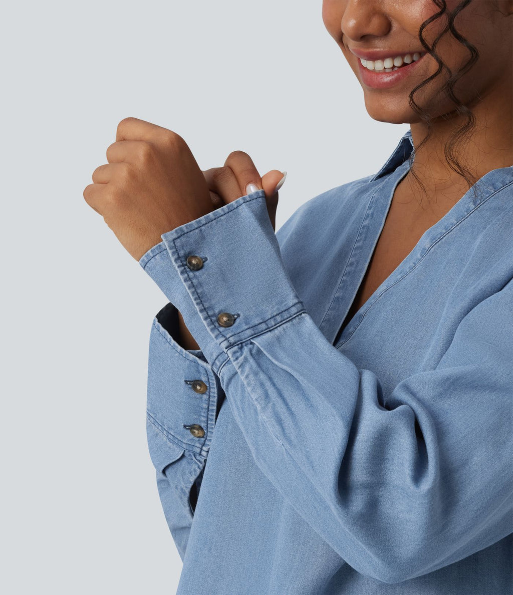 Blouse casual denim en lyocell col V manches longues