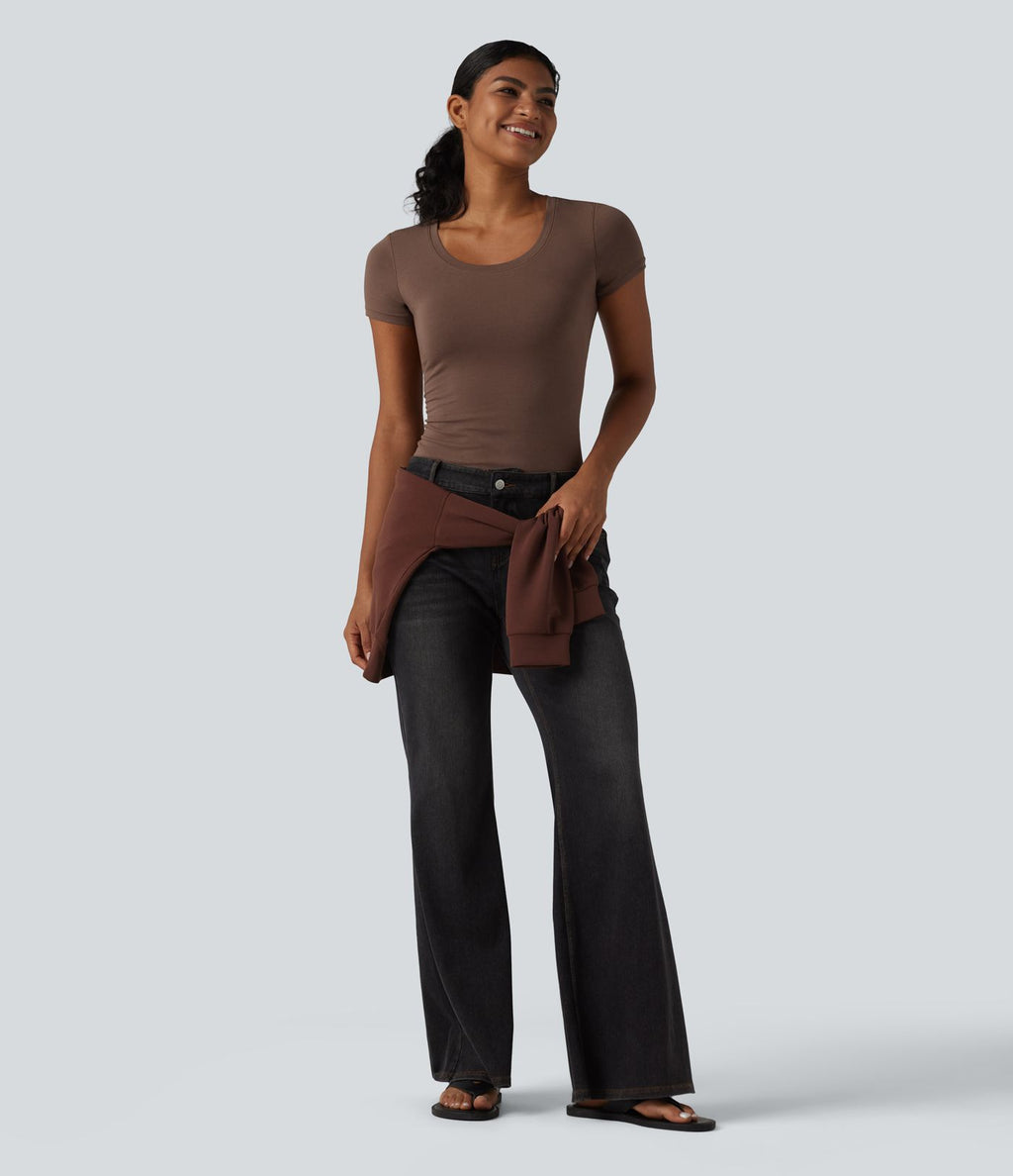 Halara T-shirt en jersey de coton col rond échancré manches courtes avec soutien-gorge intégré bonnets B-DD