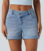 Short denim décontracté Halara Flex™ asymétrique délavé taille haute ourlet roulotté avec poches