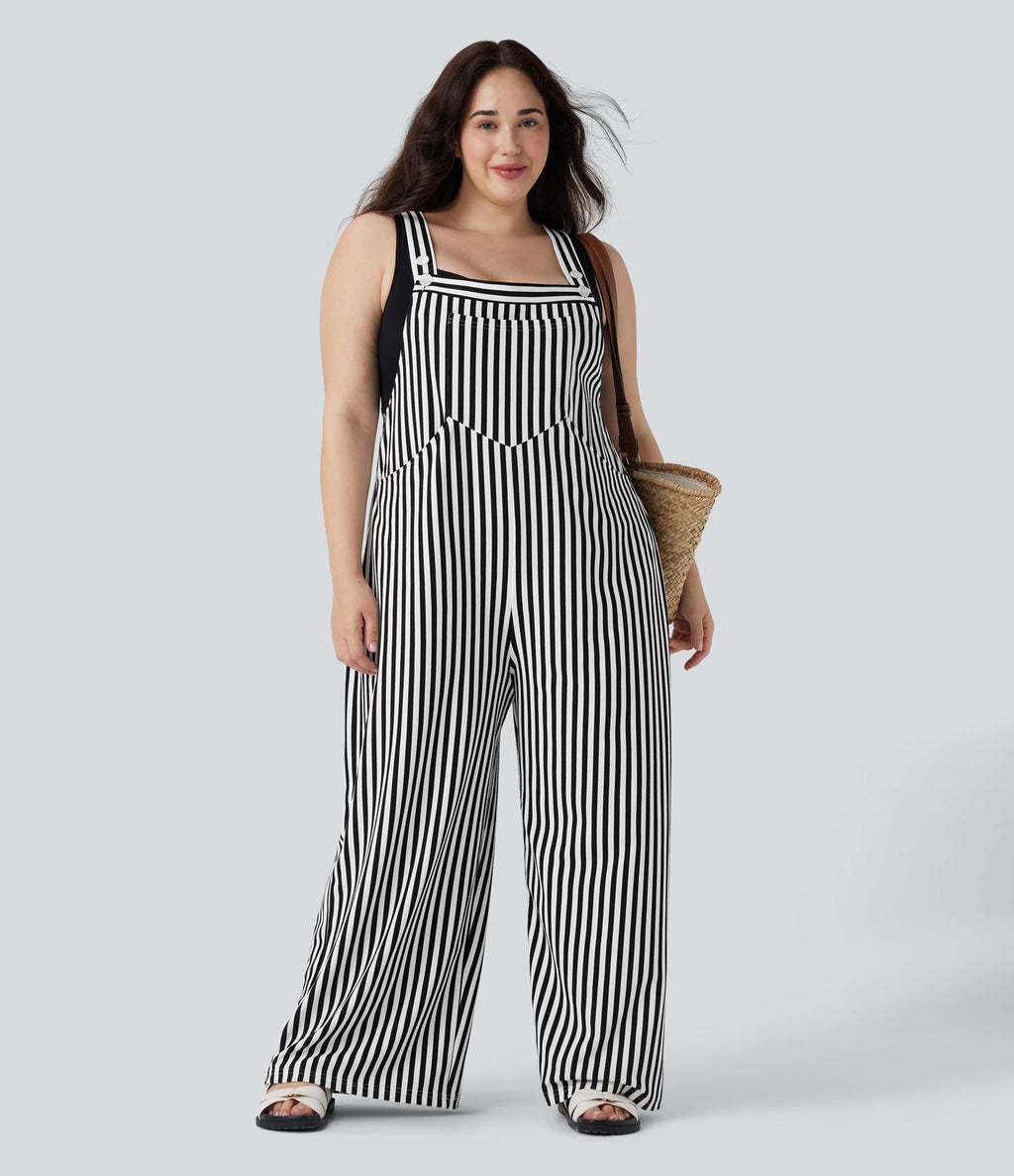 Salopette de séjour grande taille tissu gaufré rayée à bretelles ajustables avec boutons et multiples poches