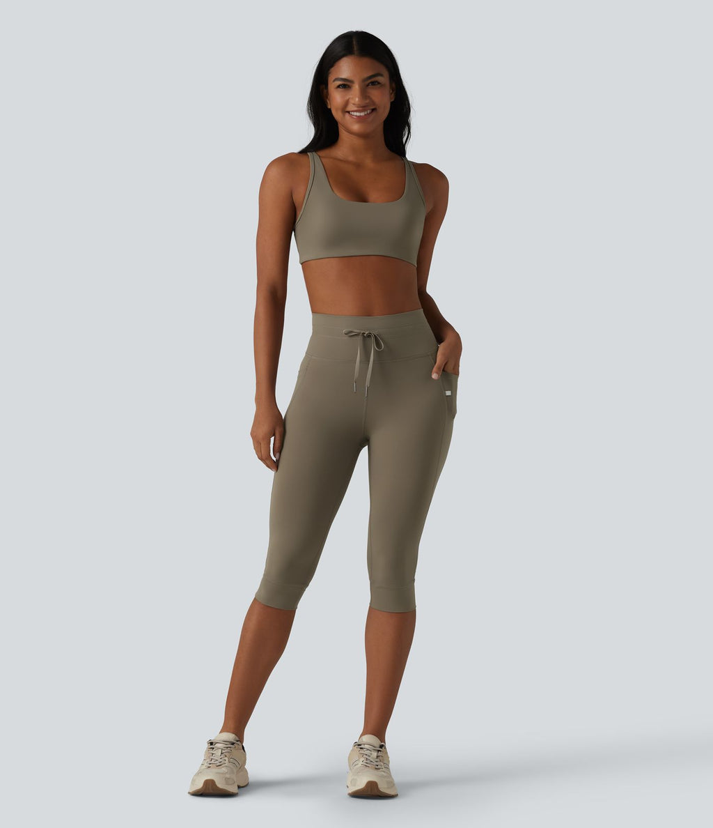 Legging yoga uni corsaire taille haute avec cordon de serrage et poches