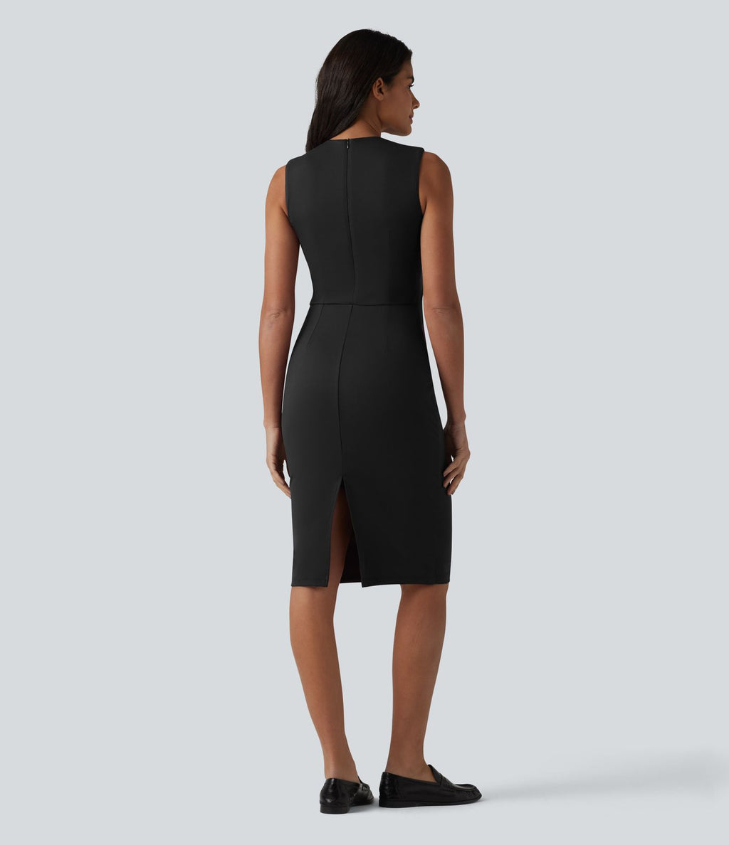 Robe midi tailleur sans manches col V ventre plat avec gainant intégré