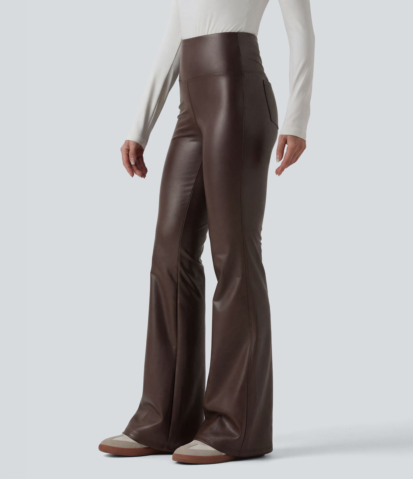 Pantalon évasé décontracté gainant taille haute extensible en molleton PU avec poches