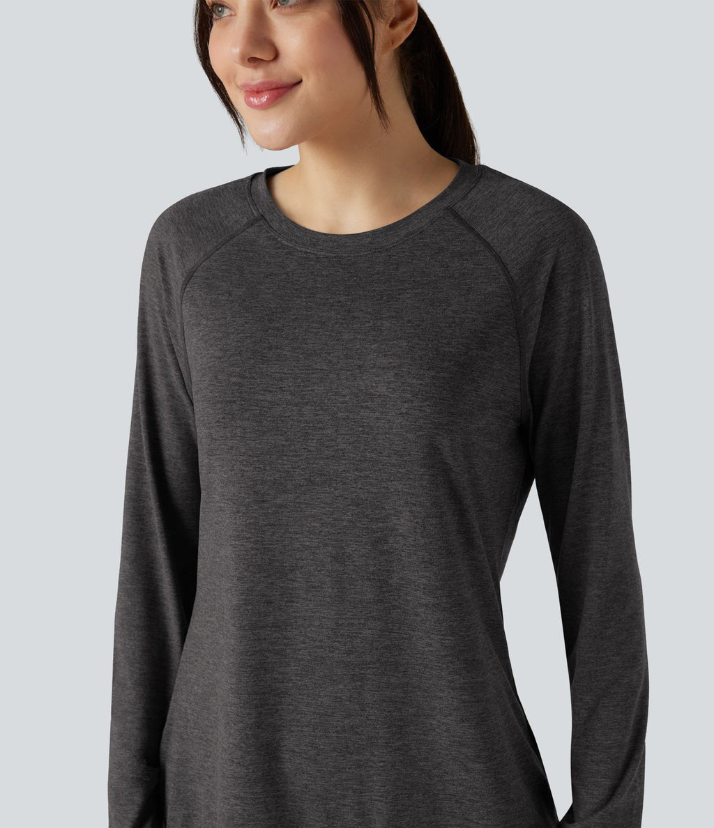 T-shirt doux col rond ourlet fendu manches raglan longues