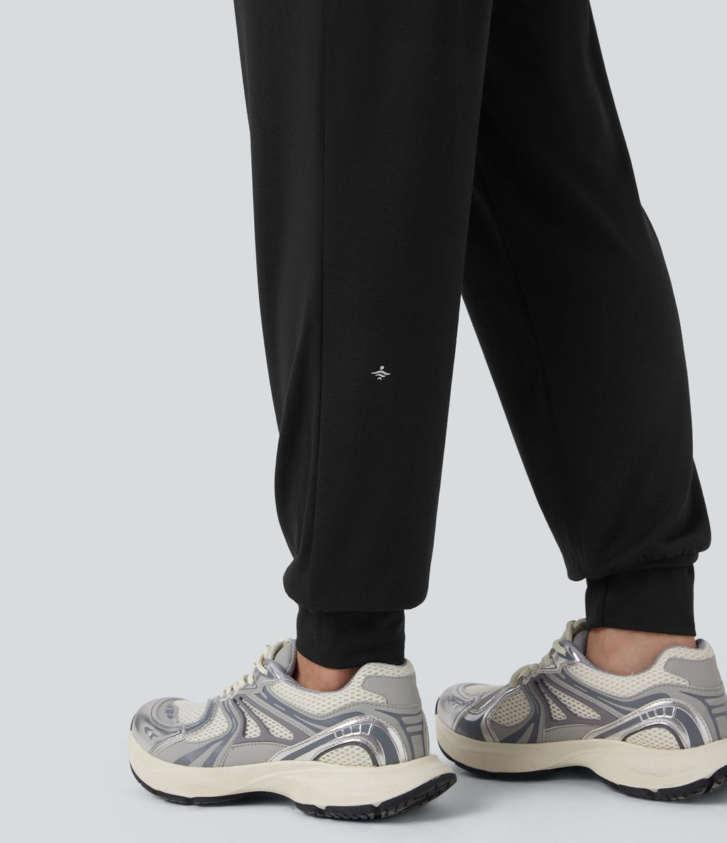Jogging taille haute froncé chiné avec poches