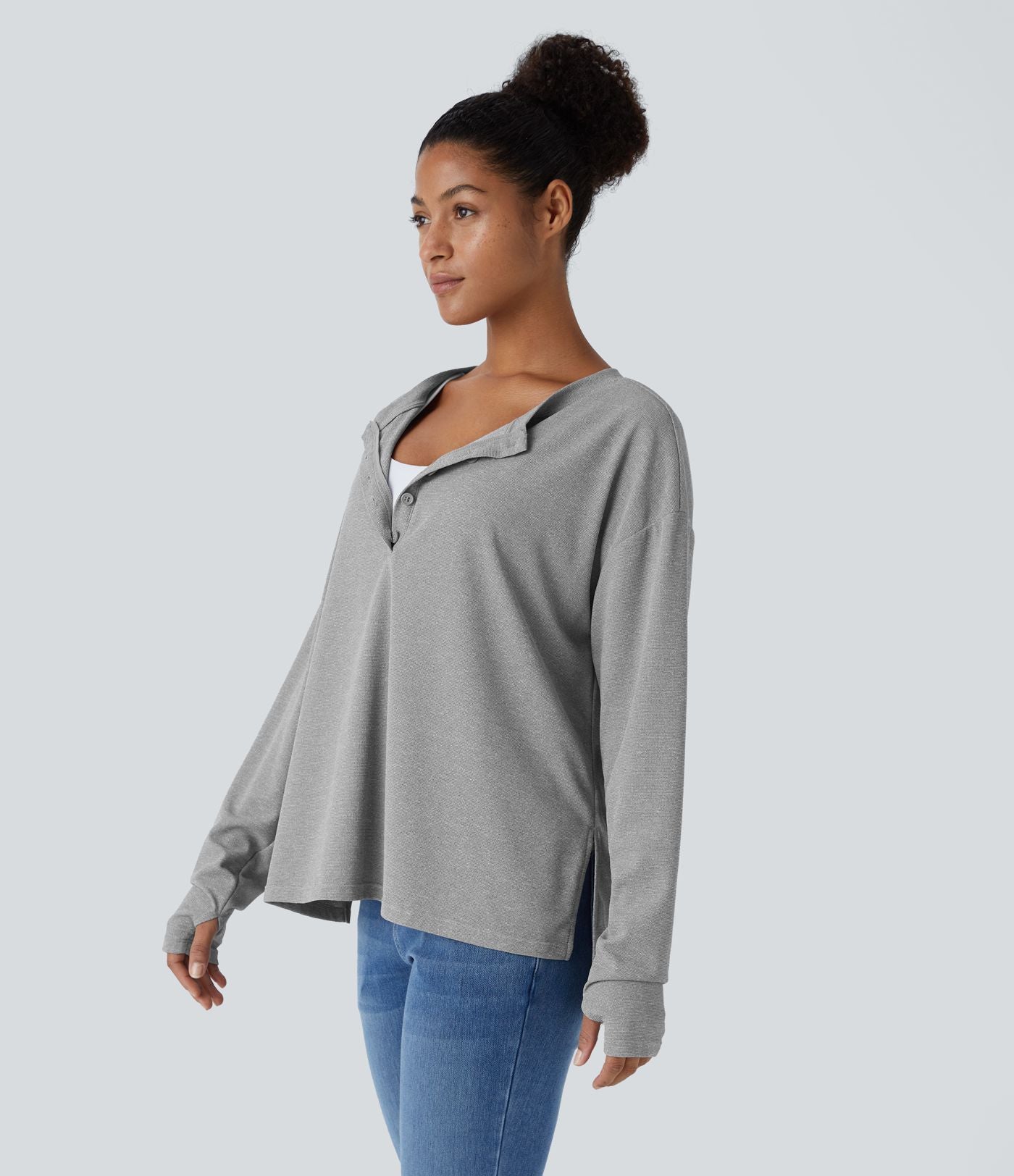 Sweatshirt Casual Waffle à Boutons Devant avec Trou Pouce et Fente