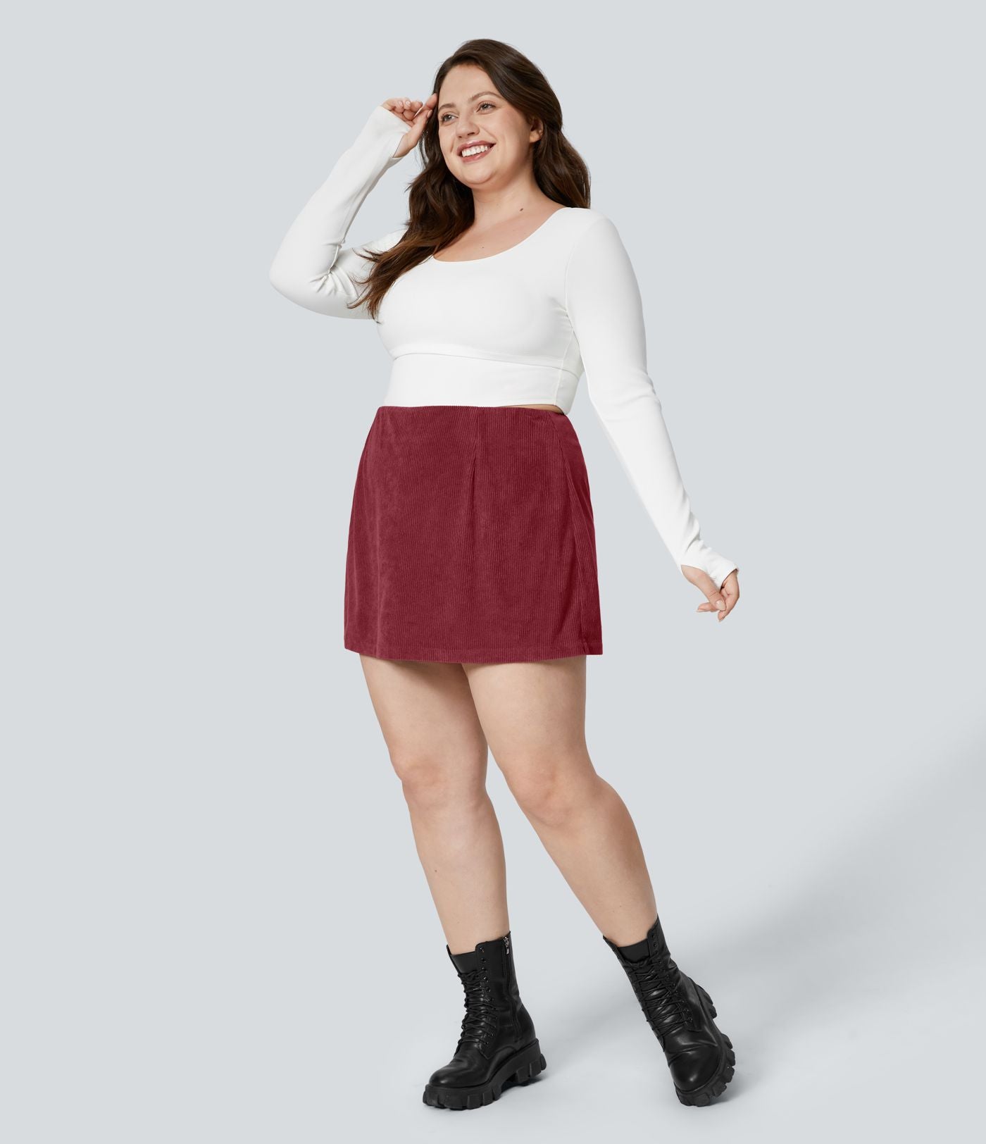 Jupe Casual Grande Taille en Velours Côtelé Mini à Taille Haute avec Fermeture Éclair Invisible 2 en 1