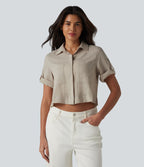 Chemise courte col classique manches courtes retroussées en mélange lin avec poches
