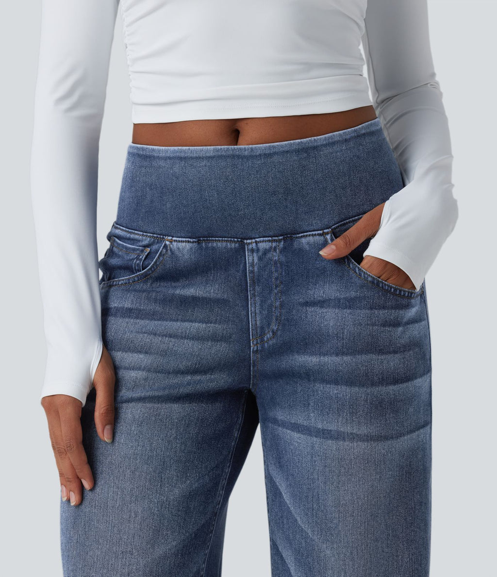 Halara Flex™ Jean large casual baggy taille mi-haute en lyocell drapé effet délavé, avec poches