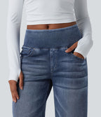 Halara Flex™ Jean large casual baggy taille mi-haute en lyocell drapé effet délavé, avec poches
