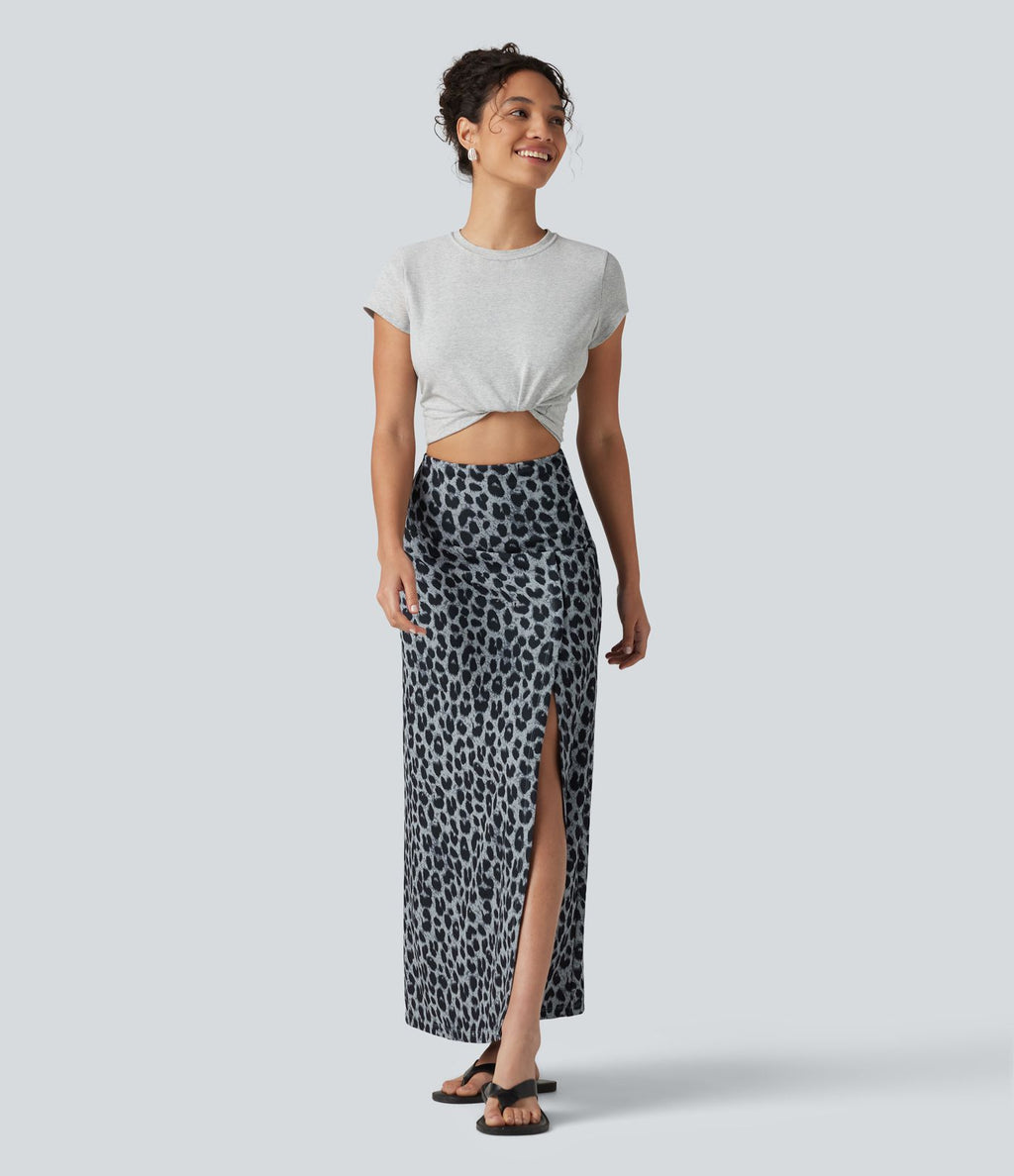 Jupe casual maxi gaufrée léopard taille haute gainante à poche
