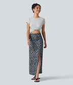 Jupe casual maxi gaufrée léopard taille haute gainante à poche