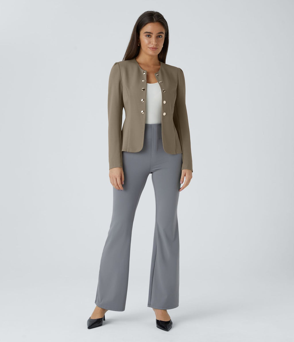 Blazer tailleur ajusté à col rond, manches longues avec boutons décoratifs