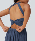 Robe longue fluide fendue avec poches latérales, dos nu et effet torsadé