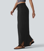 Pantalon ample décontracté à taille mi-haute, fentes, aspect lin, cordon de serrage et poches