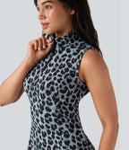 Robe de tennis active micro Halara UltraSculpt™ imprimé léopard col polo demi-fermeture éclair sans manches avec poches