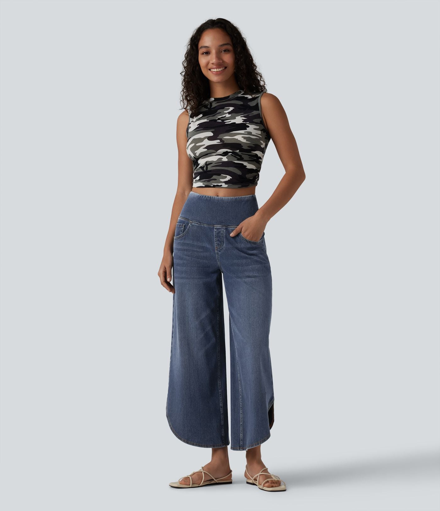 Halara Flex™ Jean large casual 7/8 ventre plat taille haute avec ourlet arrondi et poches