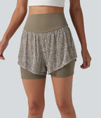 Short baggy de running 2-en-1 taille haute à imprimé léopard avec poches