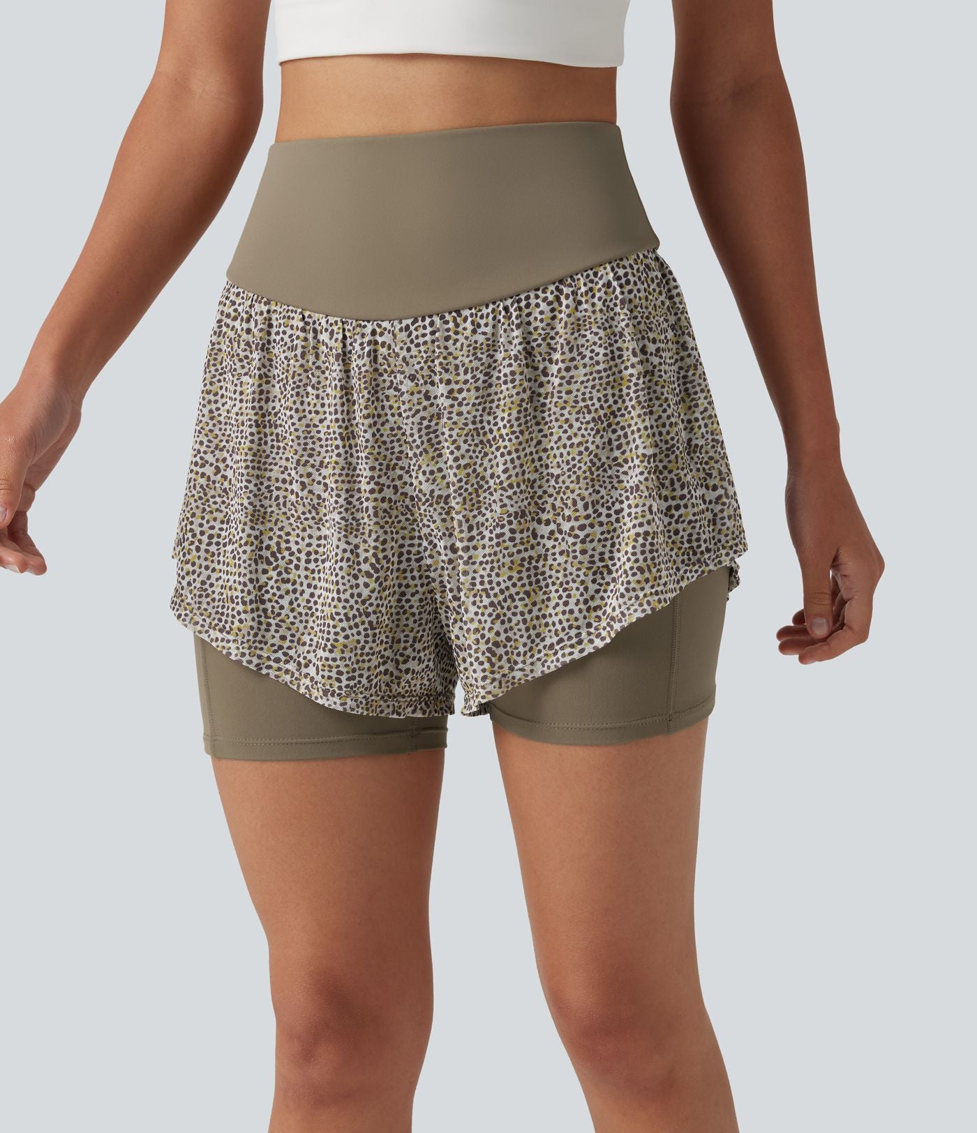 Short baggy de running 2-en-1 taille haute à imprimé léopard avec poches