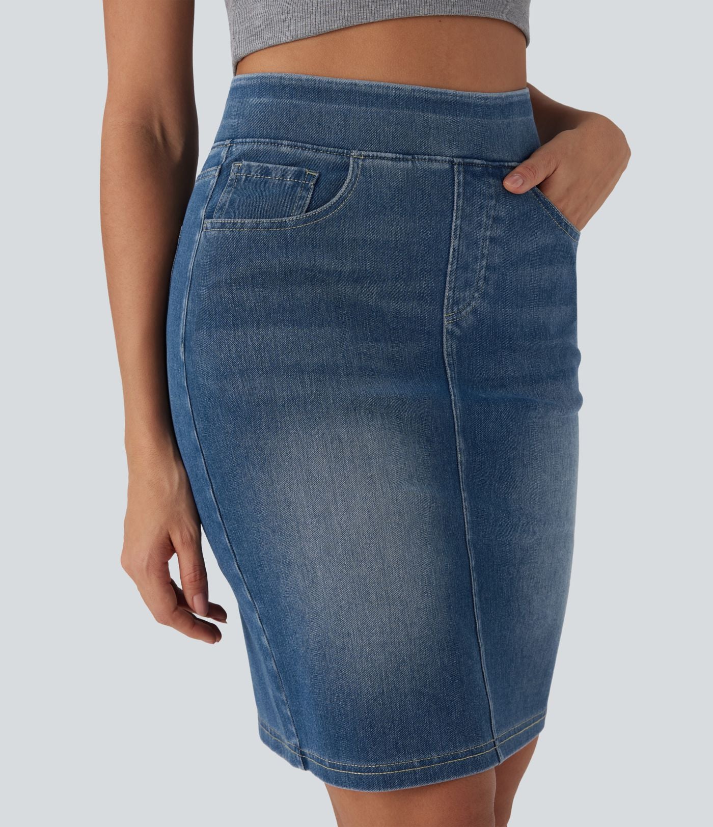 Halara Flex™ Jupe en Jean décontractée stretch délavé à taille haute, multiples poches et fente latérale