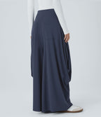 Pantalon décontracté drapé à poches multiples et taille moyenne, jambe large