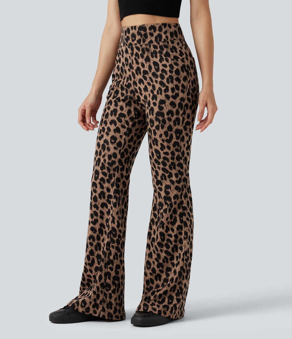 Pantalon flare taille haute en tissu gaufré imprimé léopard avec poches