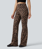 Pantalon flare taille haute en tissu gaufré imprimé léopard avec poches