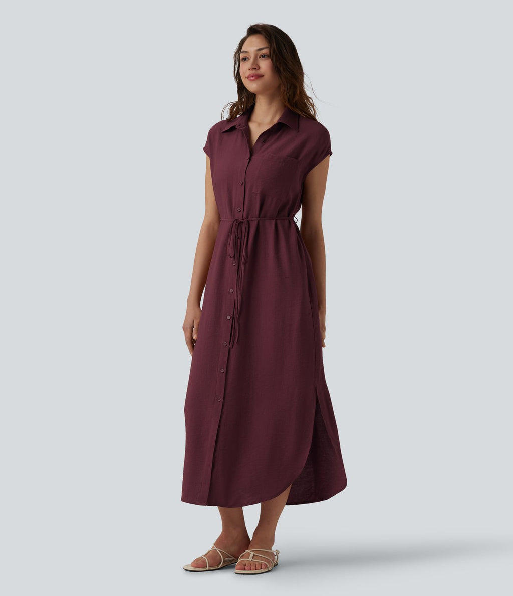 Robe chemise casual mi-longue col manches courtes ceinturée ourlet arrondi avec fente et poches