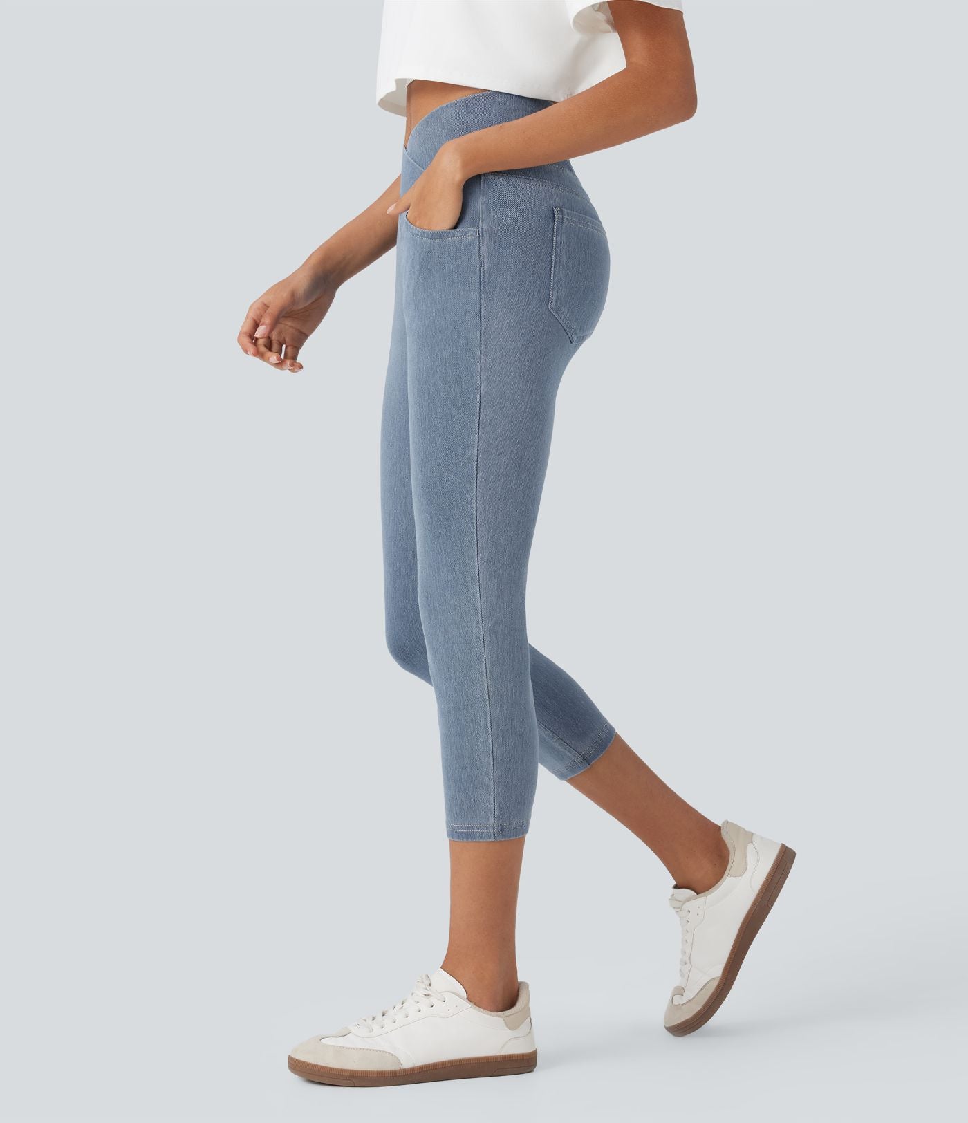 Legging capri décontracté Halara Flex™ croisé taille haute en maille denim extensible avec poches